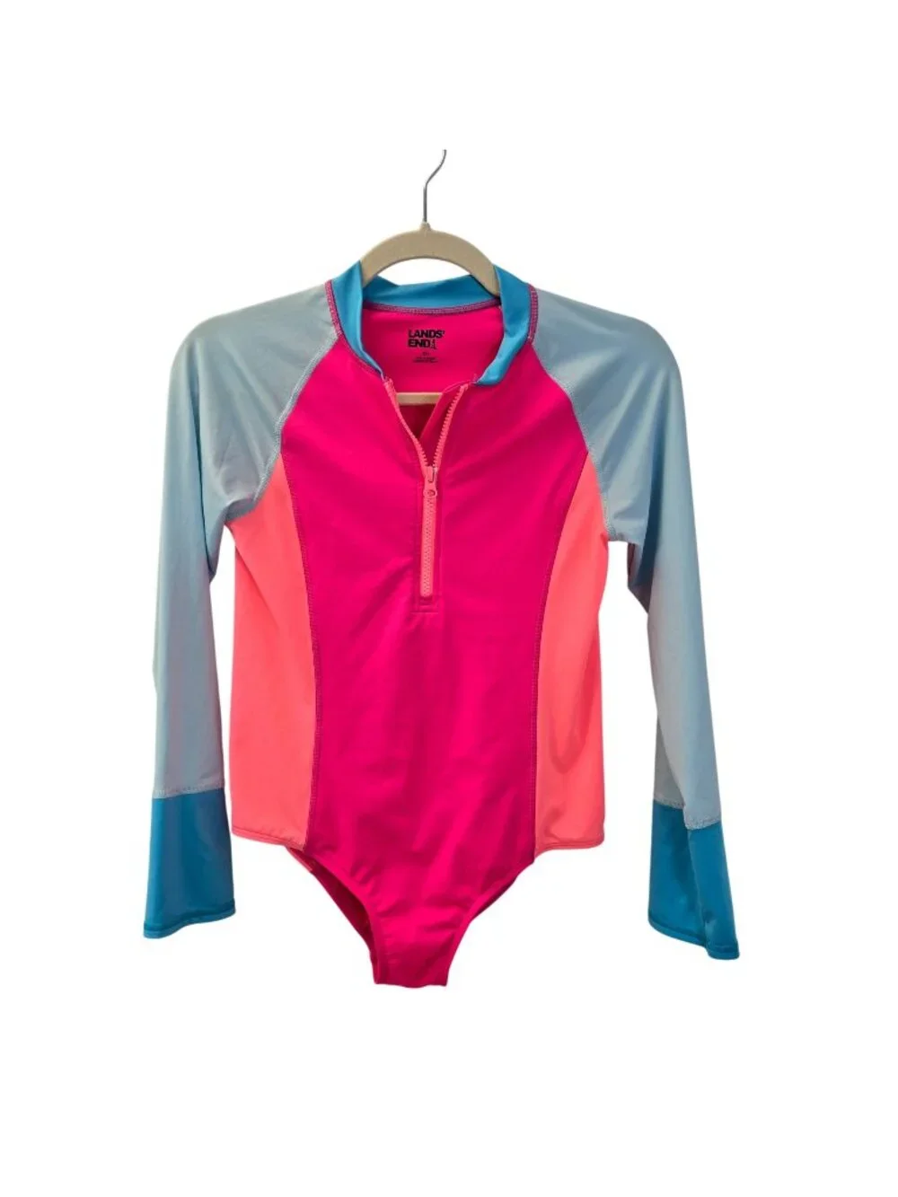Lands' End One Piece Long Sleeve UPF 50 Color Block Swimsuit Size Girl's 12